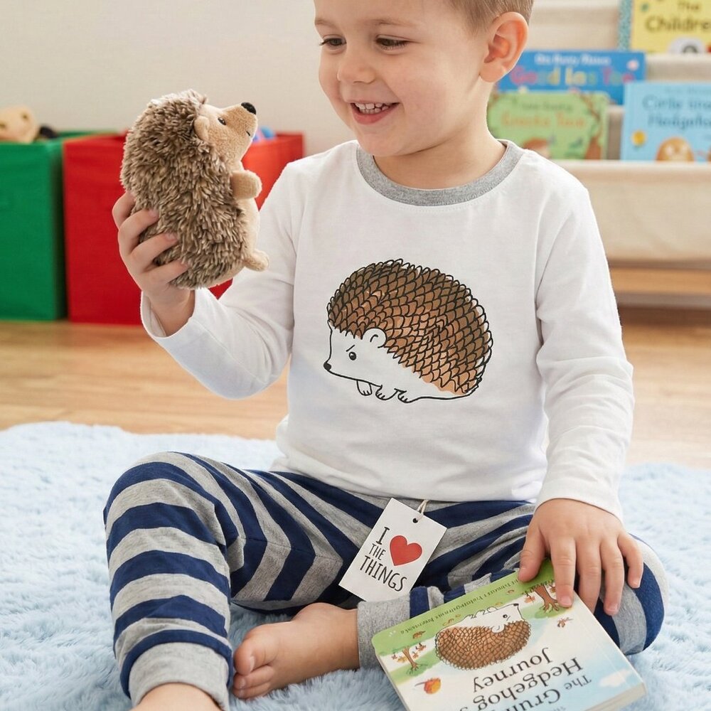 Toddler Hedgehog Pajama Set - White Long Sleeve Top & Striped Bottoms